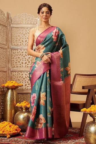 Teal printed tissue traditional saree with blouse piece