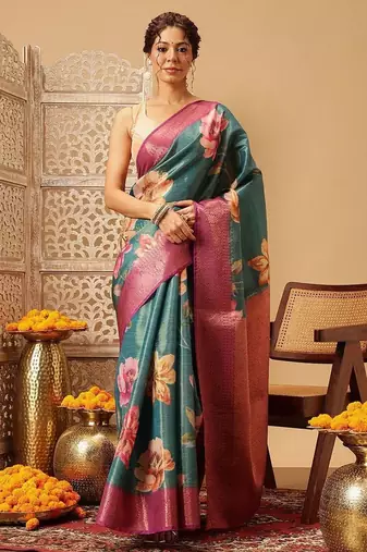 Teal printed tissue traditional saree with blouse piece