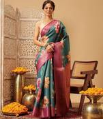 Teal printed tissue traditional saree with blouse piece