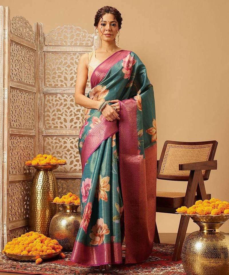 Teal printed tissue traditional saree with blouse piece