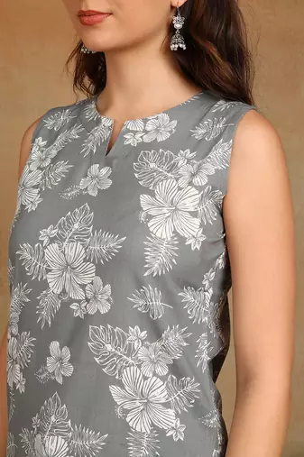 Women grey floral print pure cotton casual wear kurti
