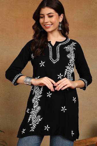 Women black lucknowi chikankari ethnic motifs embroidered liva kurti