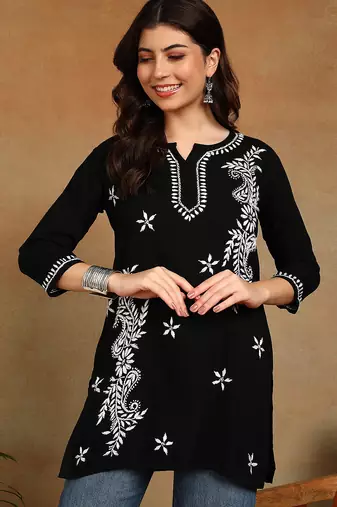 Women black lucknowi chikankari ethnic motifs embroidered liva kurti