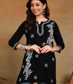 Women black lucknowi chikankari ethnic motifs embroidered liva kurti