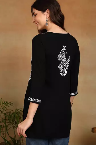 Women black lucknowi chikankari ethnic motifs embroidered liva kurti