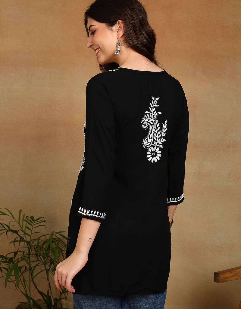 Women black lucknowi chikankari ethnic motifs embroidered liva kurti