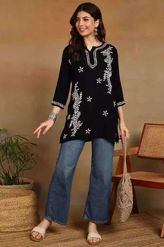 Women black lucknowi chikankari ethnic motifs embroidered liva kurti