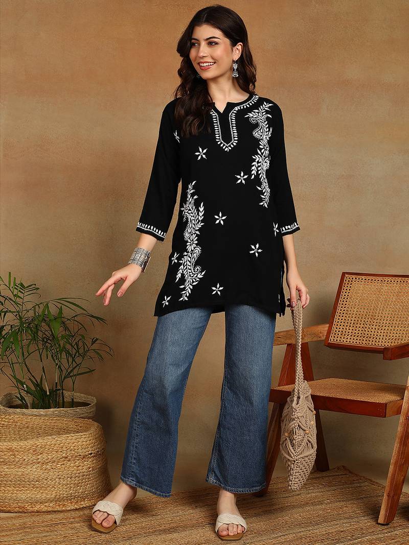 Women black lucknowi chikankari ethnic motifs embroidered liva kurti