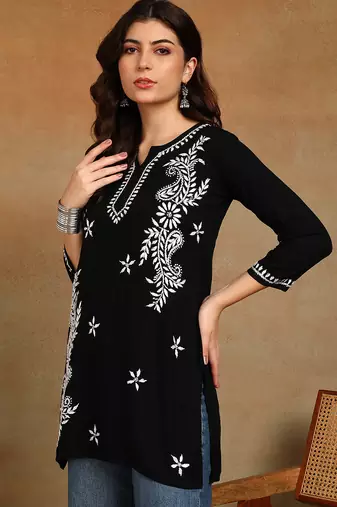 Women black lucknowi chikankari ethnic motifs embroidered liva kurti