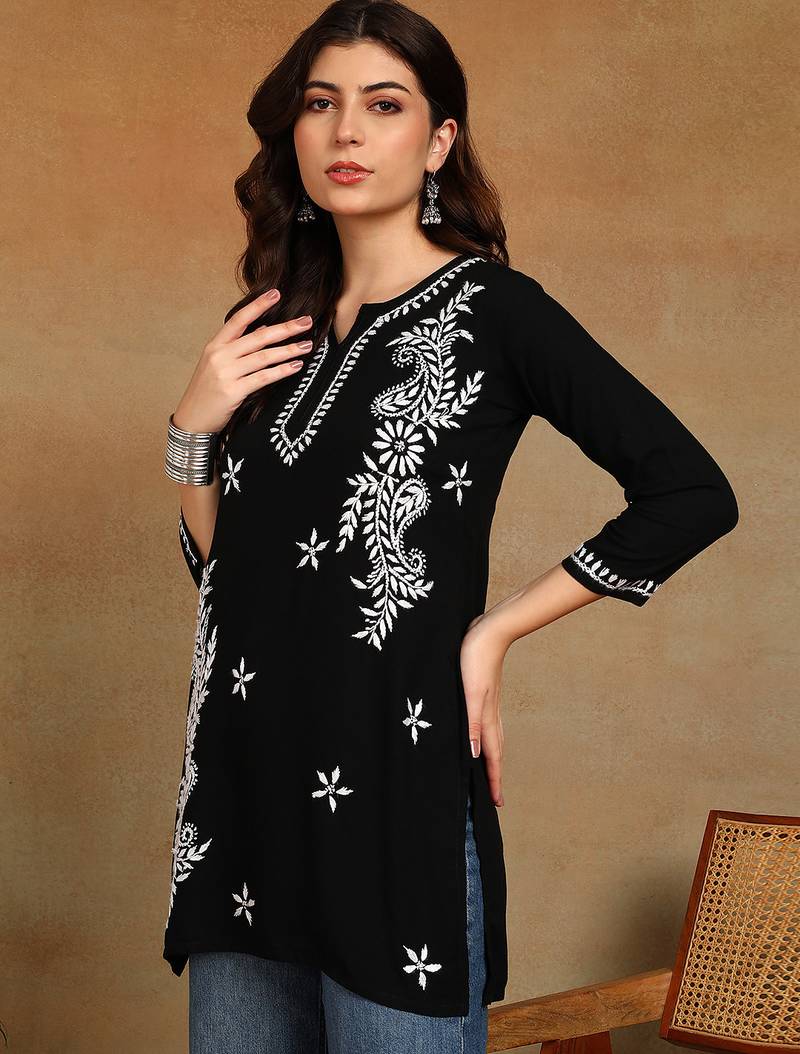Women black lucknowi chikankari ethnic motifs embroidered liva kurti