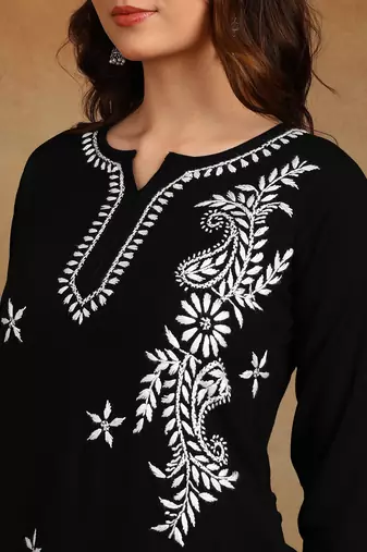 Women black lucknowi chikankari ethnic motifs embroidered liva kurti