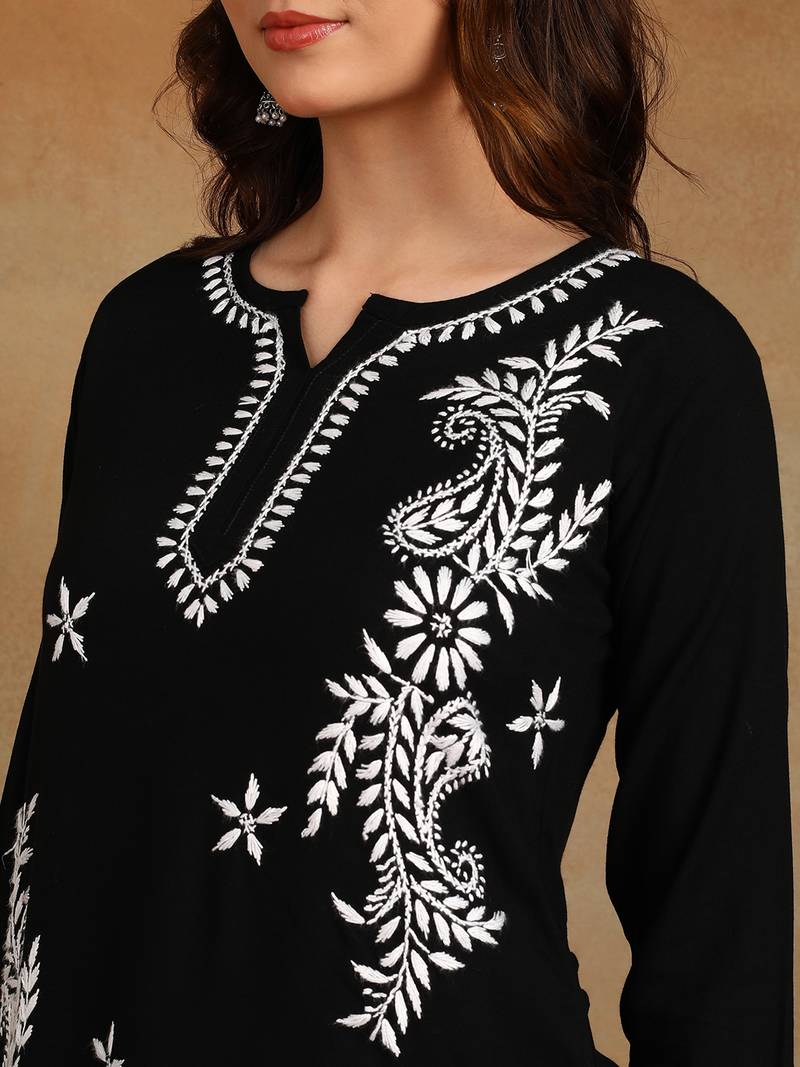 Women black lucknowi chikankari ethnic motifs embroidered liva kurti