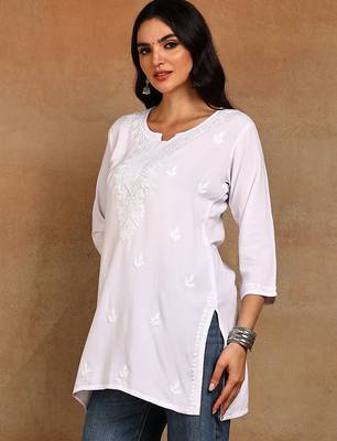 Women white lucknowi chikankari floral embroidered liva rayon short kurti 1