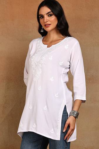 Women white lucknowi chikankari floral embroidered liva rayon short kurti