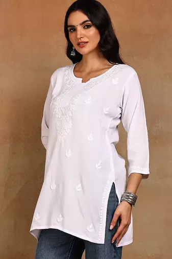 Women white lucknowi chikankari floral embroidered liva rayon short kurti
