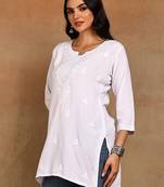 Women white lucknowi chikankari floral embroidered liva rayon short kurti