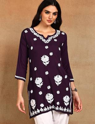 Women wine lucknowi chikankari embroidered liva rayon a-line short kurti 1