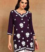 Women wine lucknowi chikankari embroidered liva rayon a-line short kurti