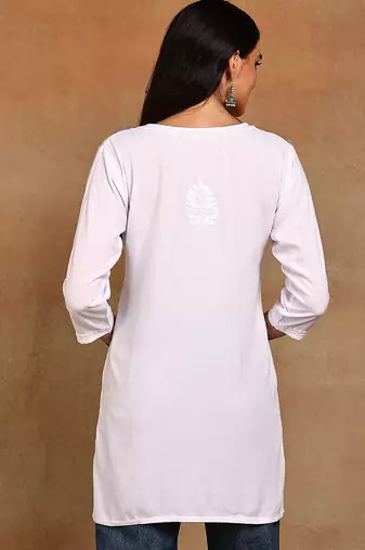 Women white lucknowi chikankari floral embroidered liva rayon short kurti