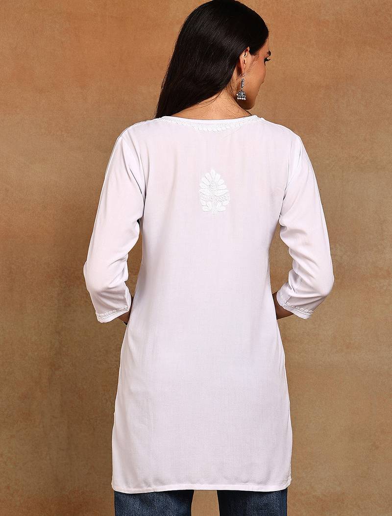 Women white lucknowi chikankari floral embroidered liva rayon short kurti