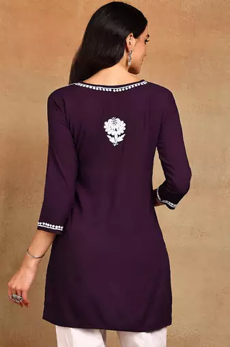 Women wine lucknowi chikankari embroidered liva rayon a-line short kurti