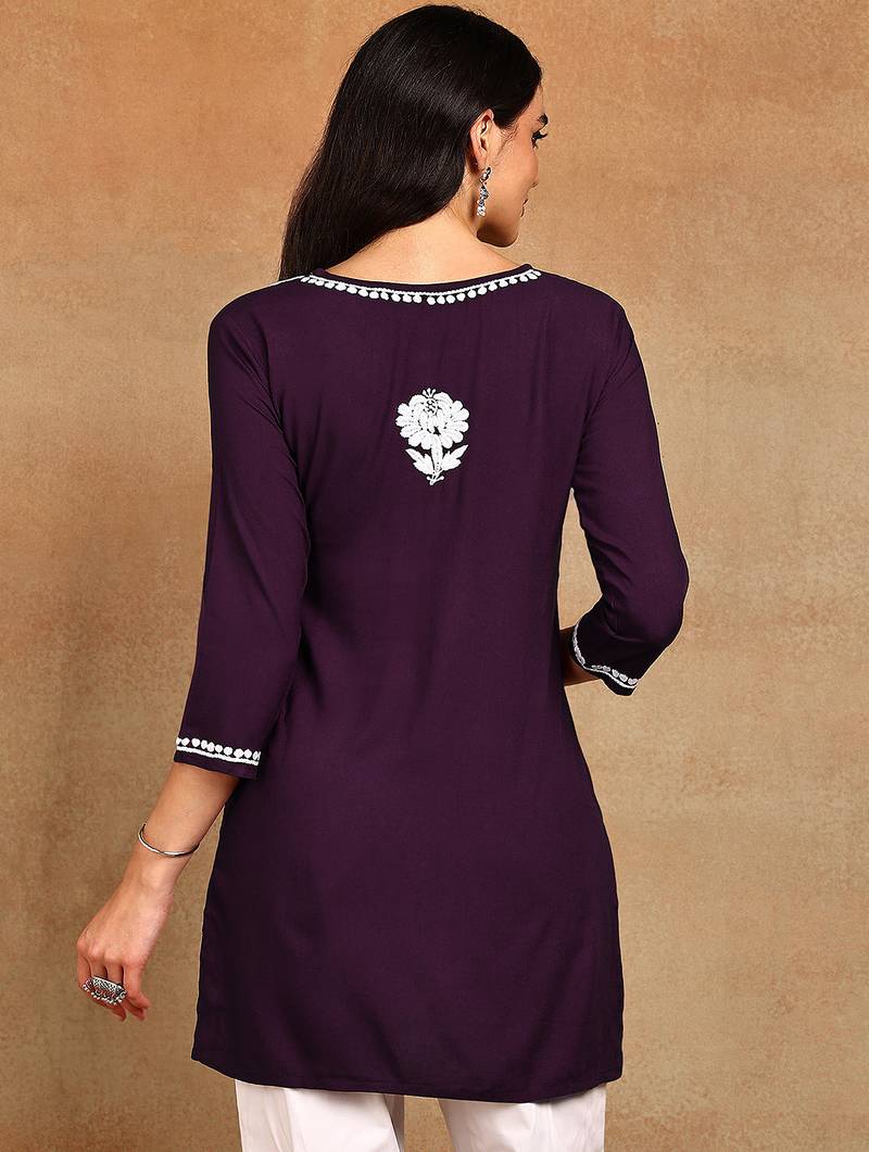 Women wine lucknowi chikankari embroidered liva rayon a-line short kurti