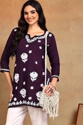Women wine lucknowi chikankari embroidered liva rayon a-line short kurti