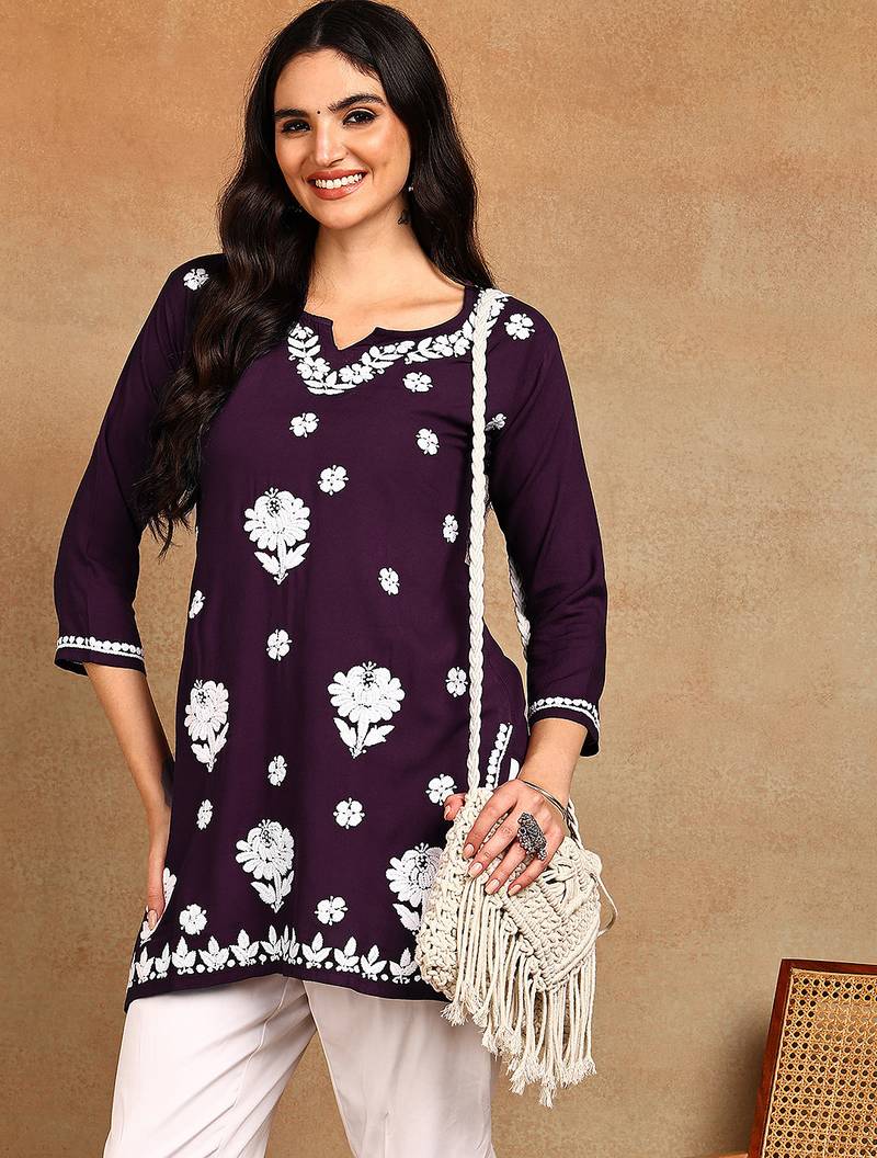 Women wine lucknowi chikankari embroidered liva rayon a-line short kurti