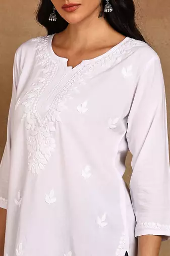 Women white lucknowi chikankari floral embroidered liva rayon short kurti