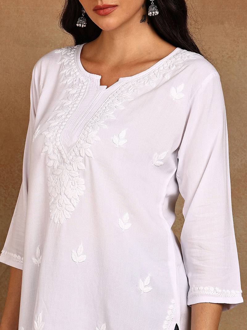 Women white lucknowi chikankari floral embroidered liva rayon short kurti