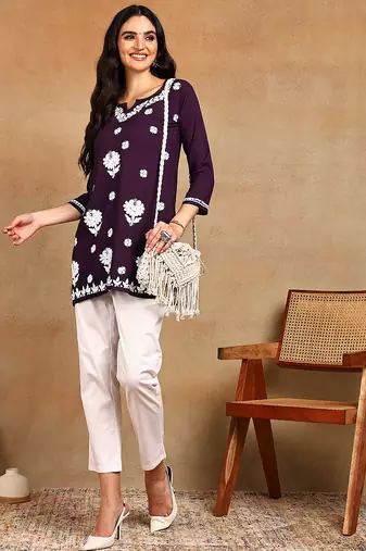 Women wine lucknowi chikankari embroidered liva rayon a-line short kurti