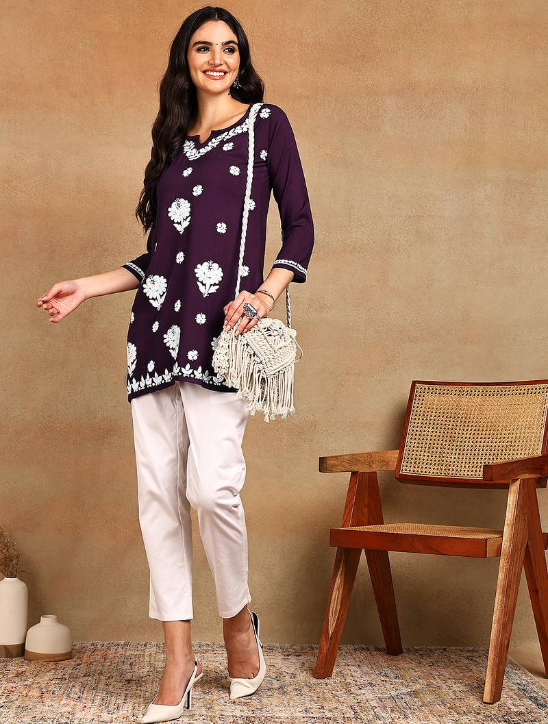 Women wine lucknowi chikankari embroidered liva rayon a-line short kurti