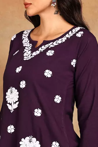 Women wine lucknowi chikankari embroidered liva rayon a-line short kurti
