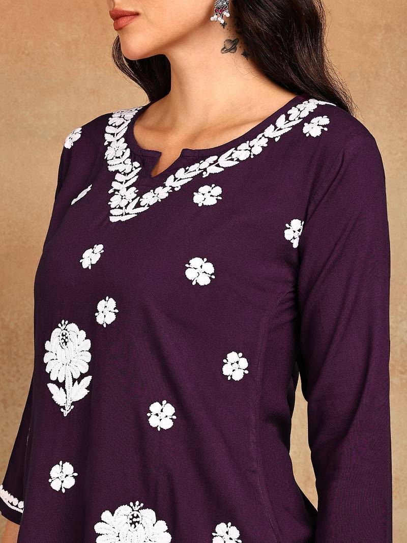 Women wine lucknowi chikankari embroidered liva rayon a-line short kurti