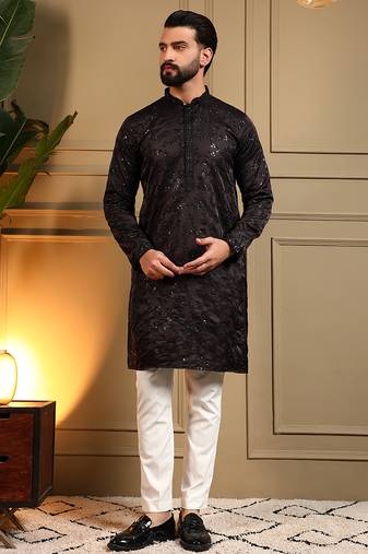 Black sequence floral royal silk kurta pyjama set for men | designer kurta for men