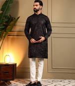 Black sequence floral royal silk kurta pyjama set for men | designer kurta for men
