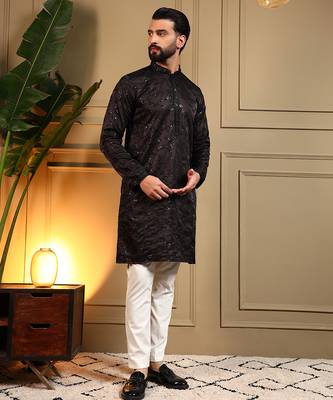 Black sequence floral royal silk kurta pyjama set for men | designer kurta for men 2