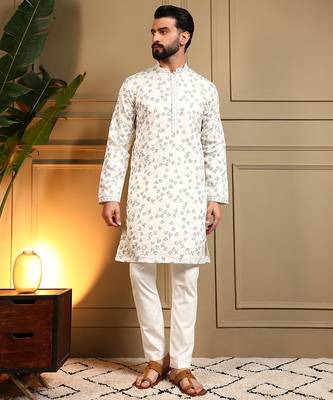 White sequence floral royal silk kurta pyjama set for men | designer kurta for men 1
