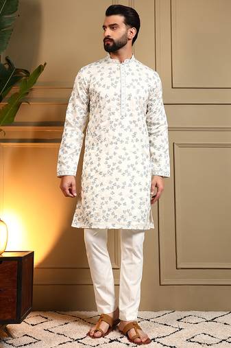 White sequence floral royal silk kurta pyjama set for men | designer kurta for men