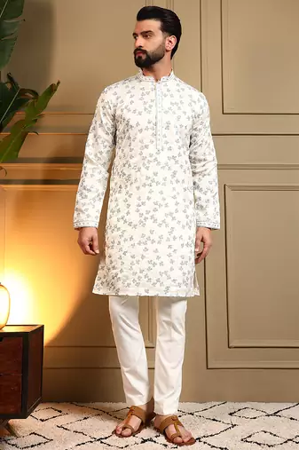 White sequence floral royal silk kurta pyjama set for men | designer kurta for men