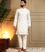 White sequence floral royal silk kurta pyjama set for men | designer kurta for men