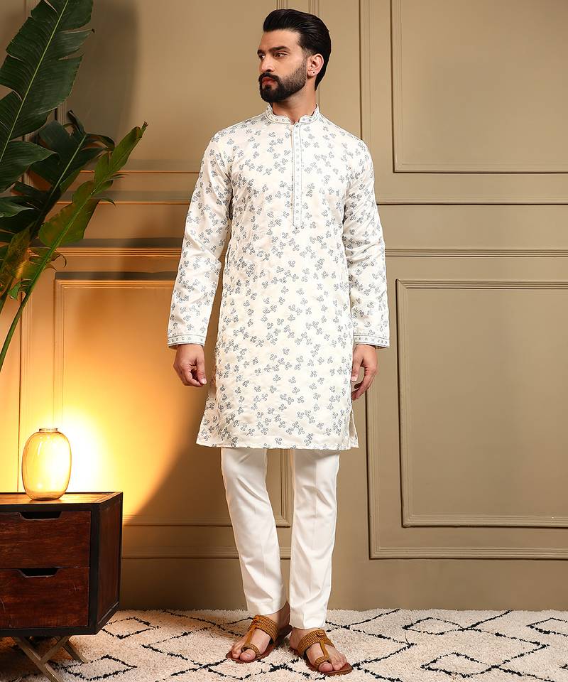 White sequence floral royal silk kurta pyjama set for men | designer kurta for men