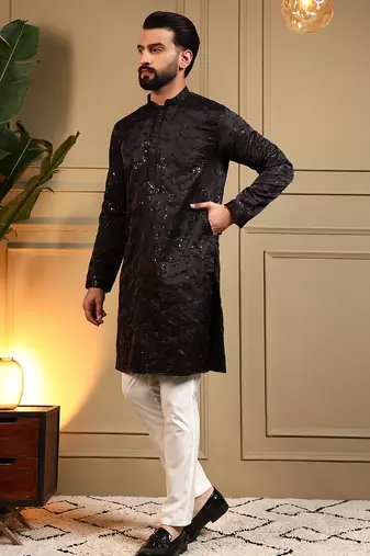 Black sequence floral royal silk kurta pyjama set for men | designer kurta for men