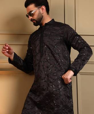 Black sequence floral royal silk kurta pyjama set for men | designer kurta for men 4