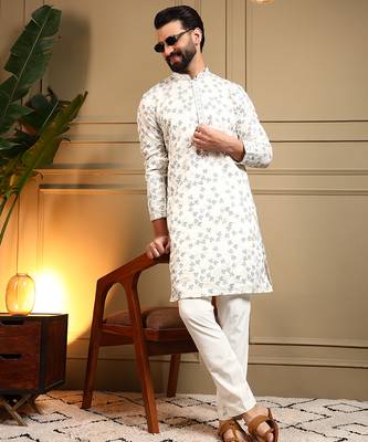 White sequence floral royal silk kurta pyjama set for men | designer kurta for men 3