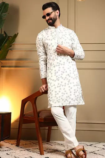 White sequence floral royal silk kurta pyjama set for men | designer kurta for men