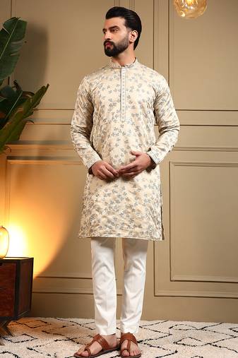 Cream sequence floral royal silk kurta pyjama set for men | designer kurta for men