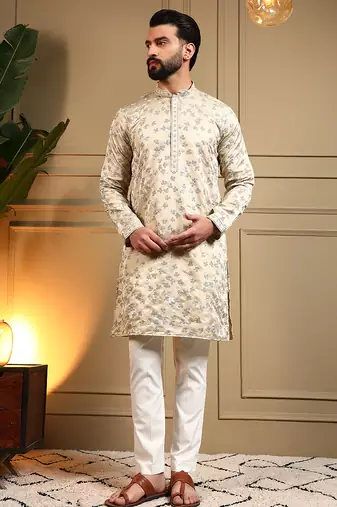 Cream sequence floral royal silk kurta pyjama set for men | designer kurta for men