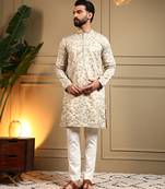 Cream sequence floral royal silk kurta pyjama set for men | designer kurta for men
