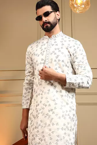 White sequence floral royal silk kurta pyjama set for men | designer kurta for men